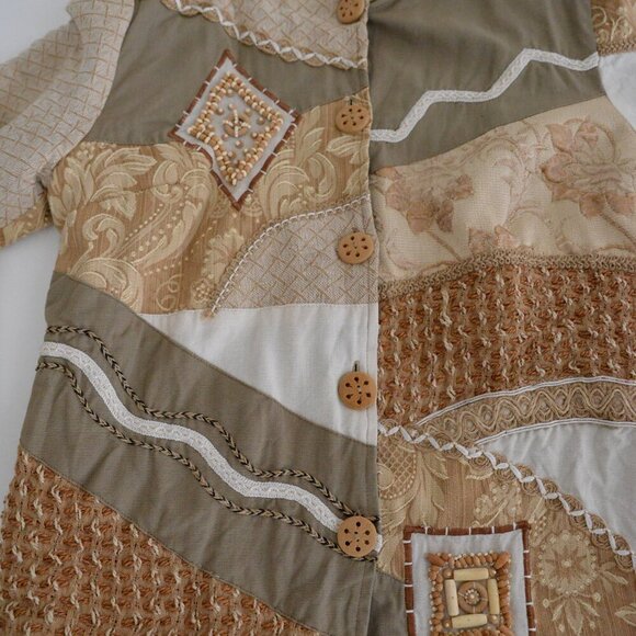Vintage Allure Tan Cream Embroidered Floral Patchwork Beaded Button Jacket M - Picture 7 of 10